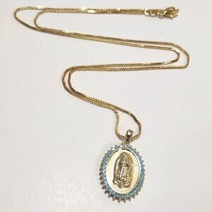 18k Gold Plated Necklace Virgin Mother Mary Cross turquoise Christian Gift NEW